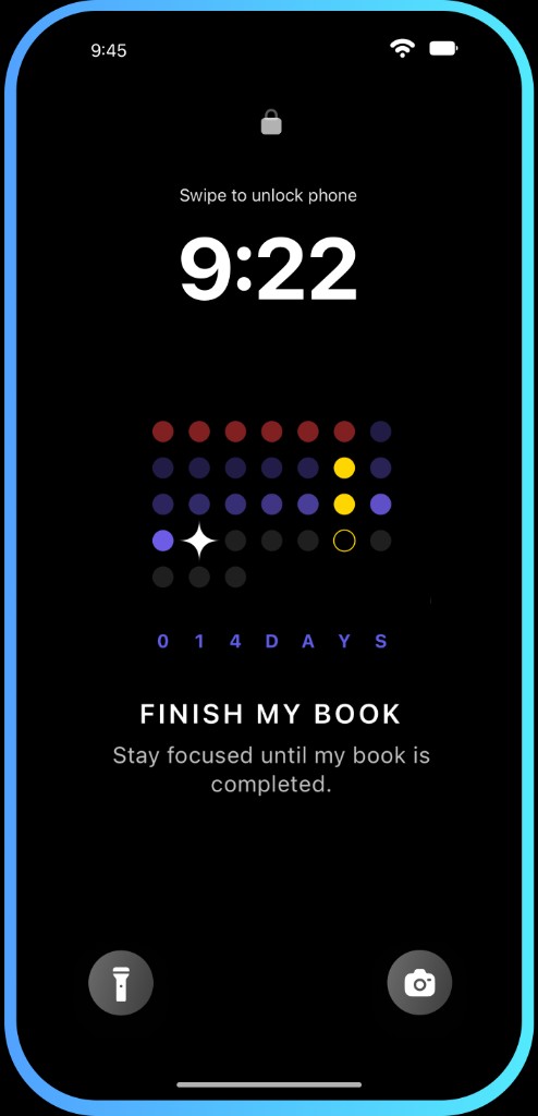 GoalGrid app on iPhone lock screen showing goal progress with dot grid and days remaining