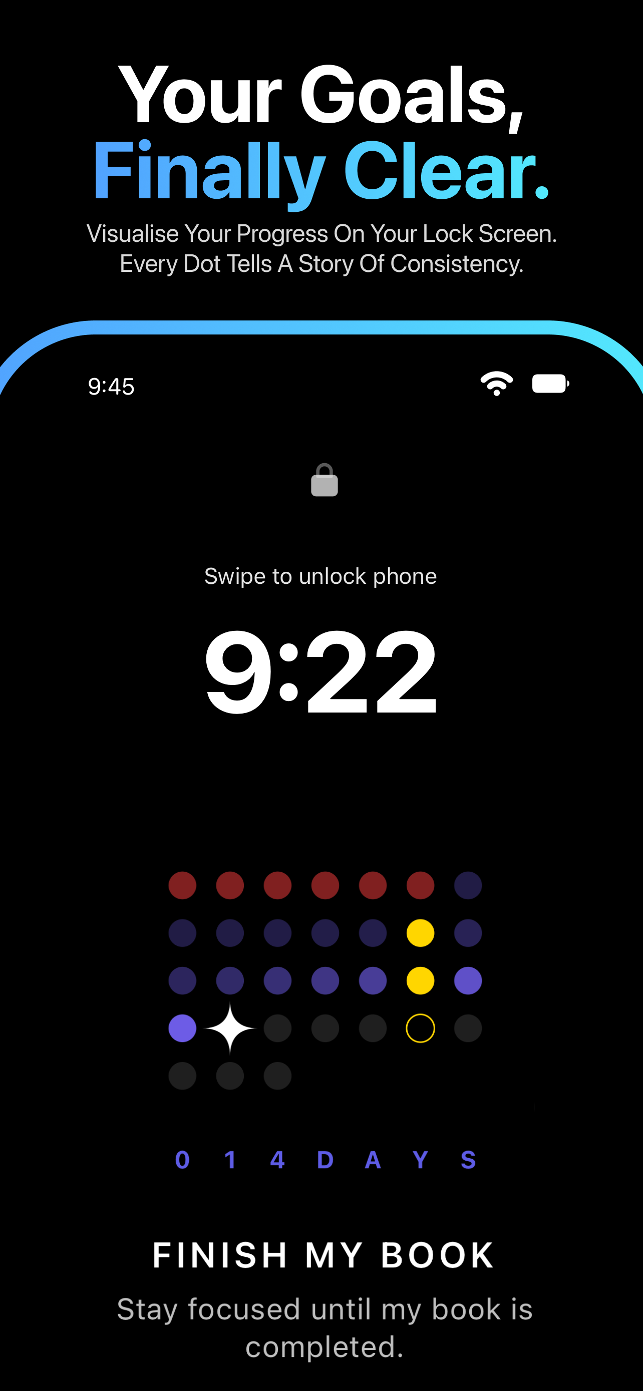 GoalGrid app screenshot showing goal progress dot grid on lock screen