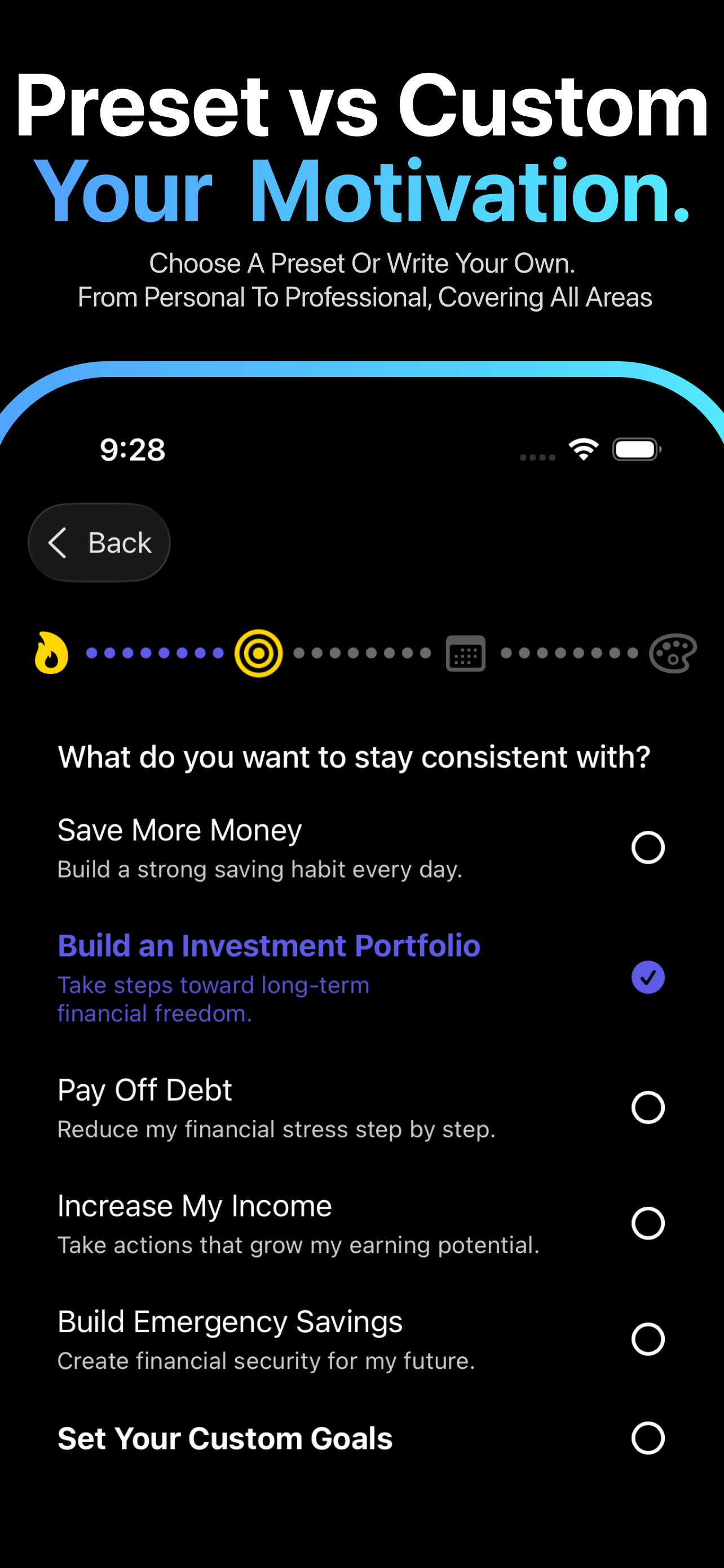 GoalGrid app screenshot showing goal setup and customization
