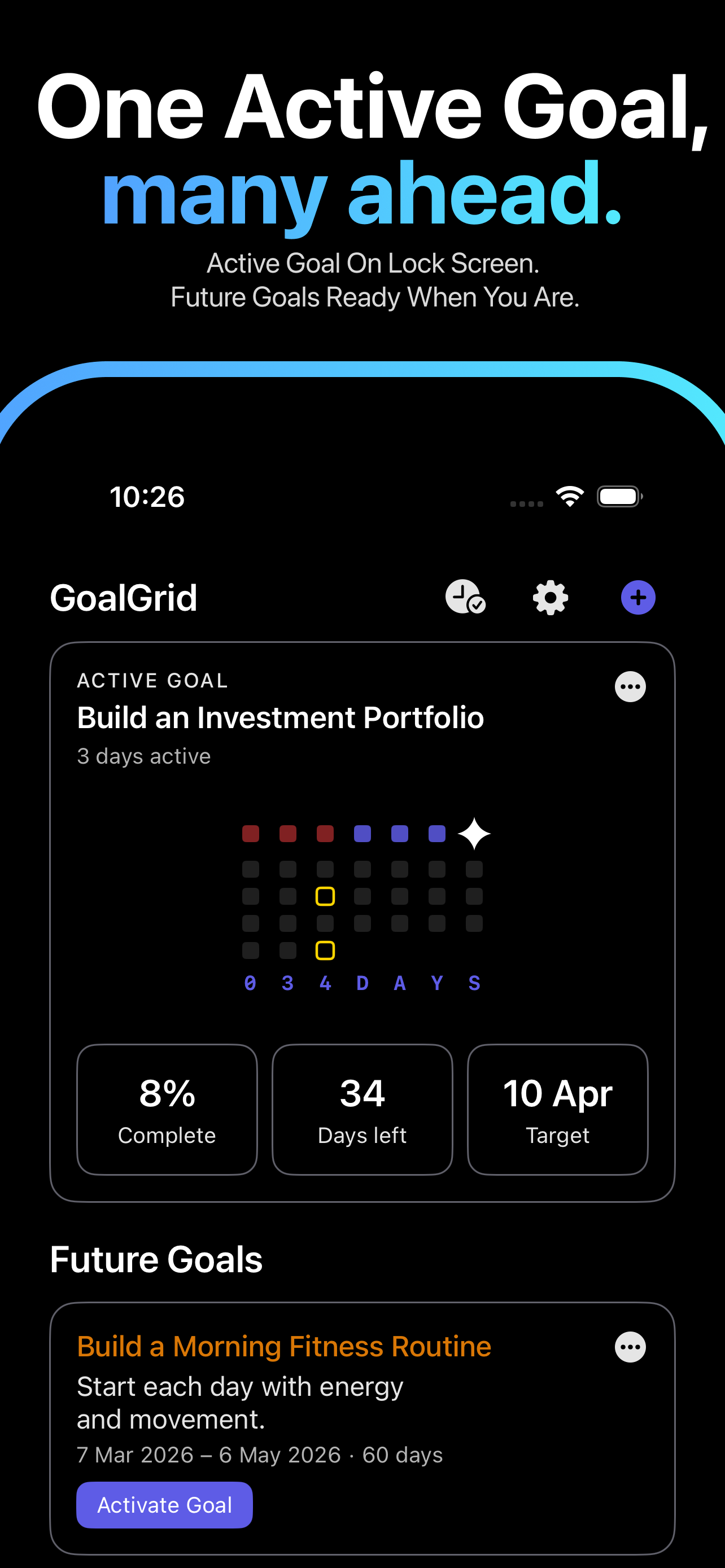 GoalGrid app screenshot showing daily habit tracking